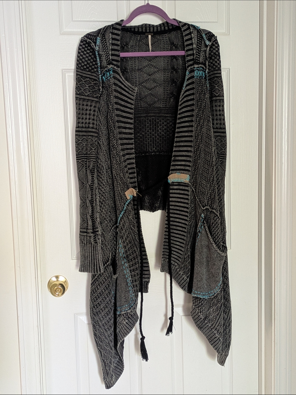 Free People All Washed Out Cardigan Sweater Grey Black with Blue Stitching XS